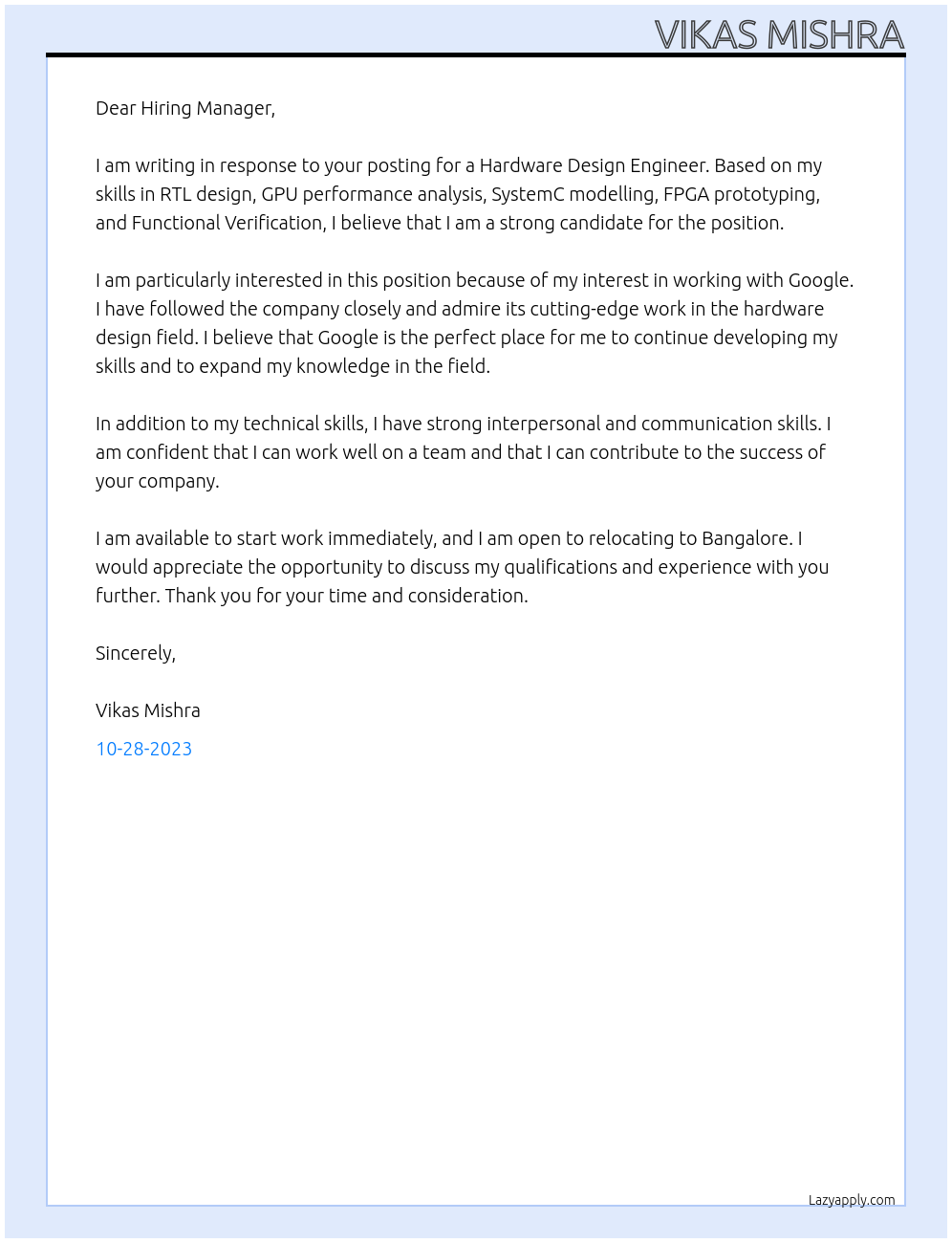 Hardware Design Engineer  At Google Cover Letter