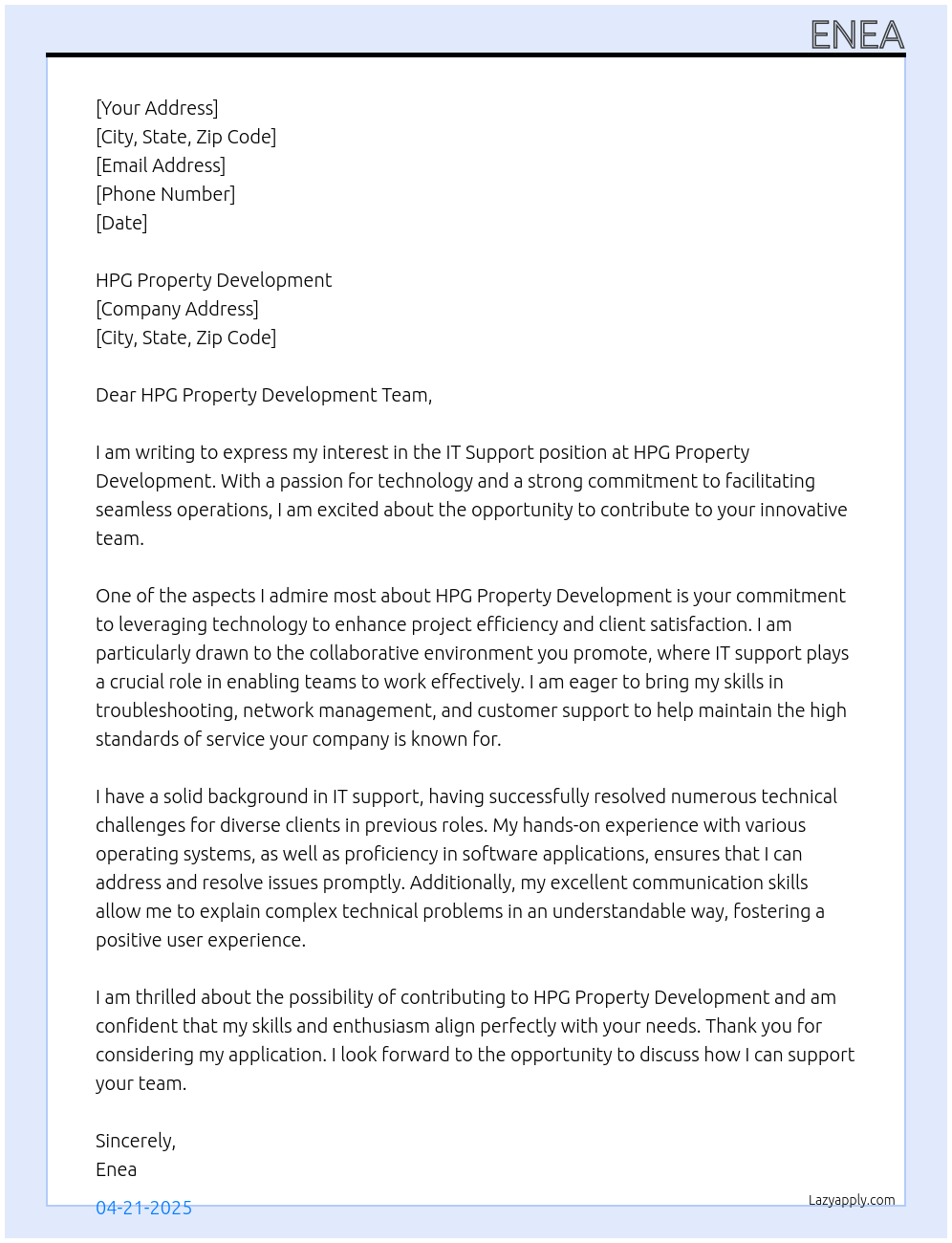 IT support At HPG Property Development Cover Letter