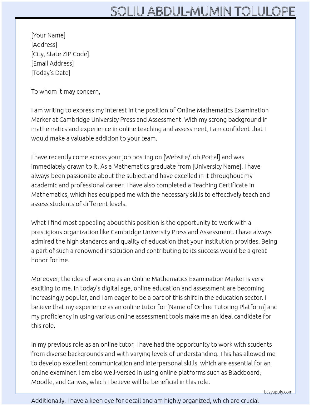 Online Mathematics Examination Marker At Cambridge University Press and Assessment Cover Letter