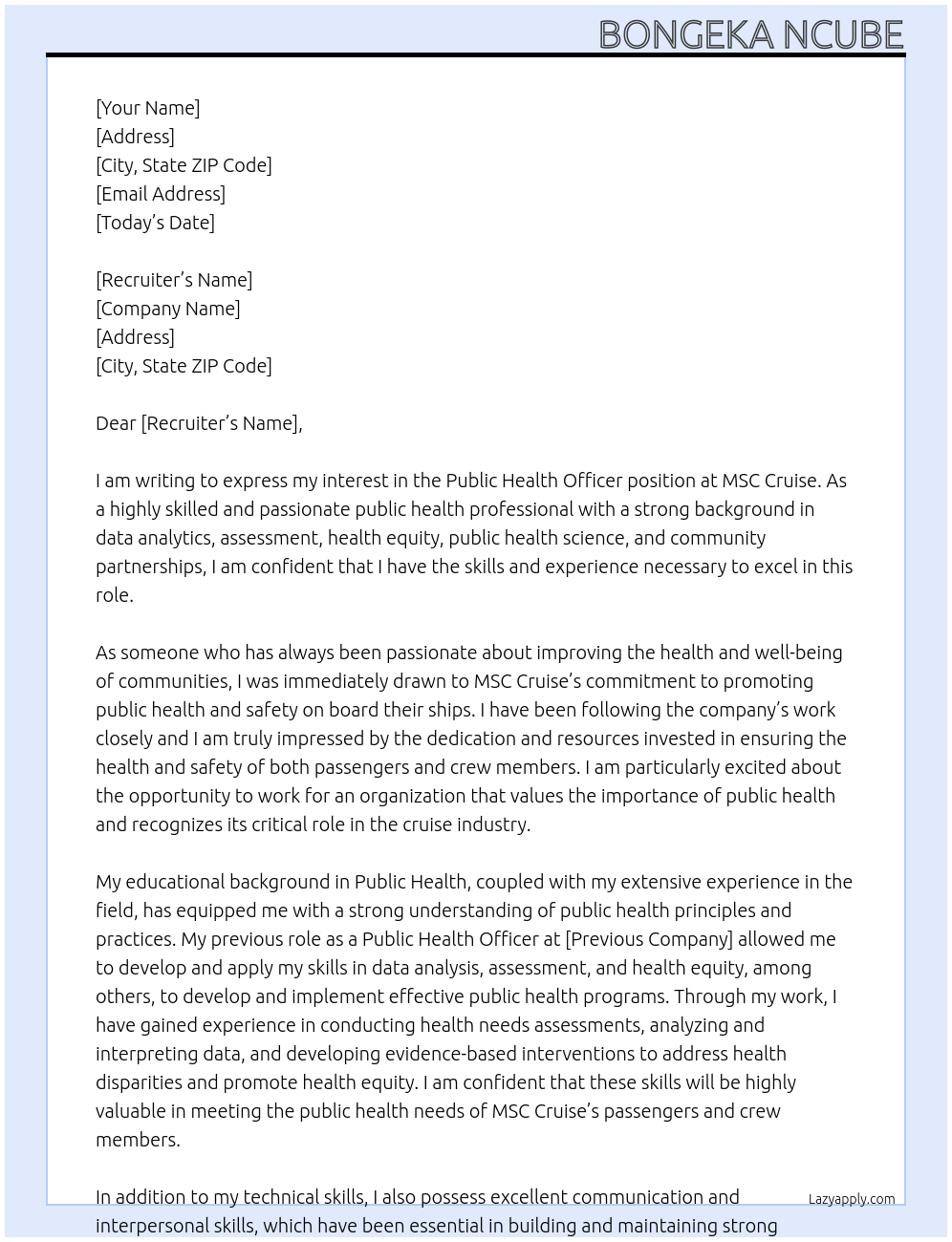 public health officer At MSC cruise Cover Letter