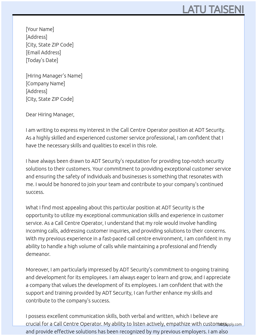 Cover letter for call centre operator - LazyApply