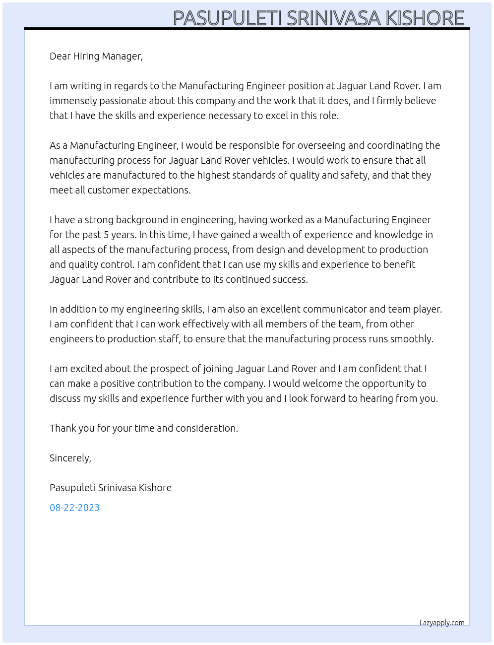 Manufacturing Engineer At Jaguar Land Rover Cover Letter