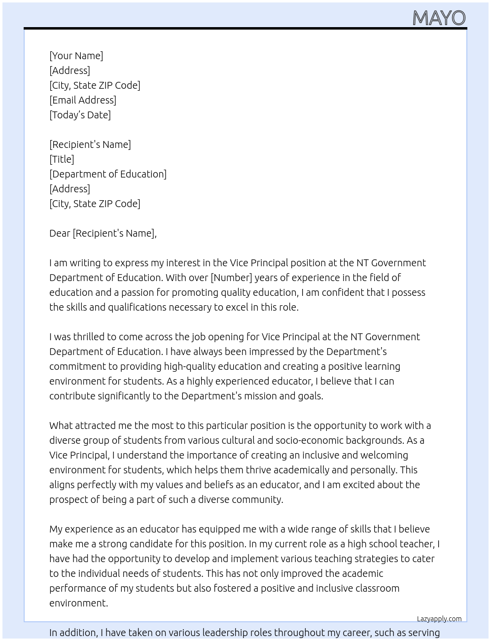 Vice principal At NT Government Cover Letter