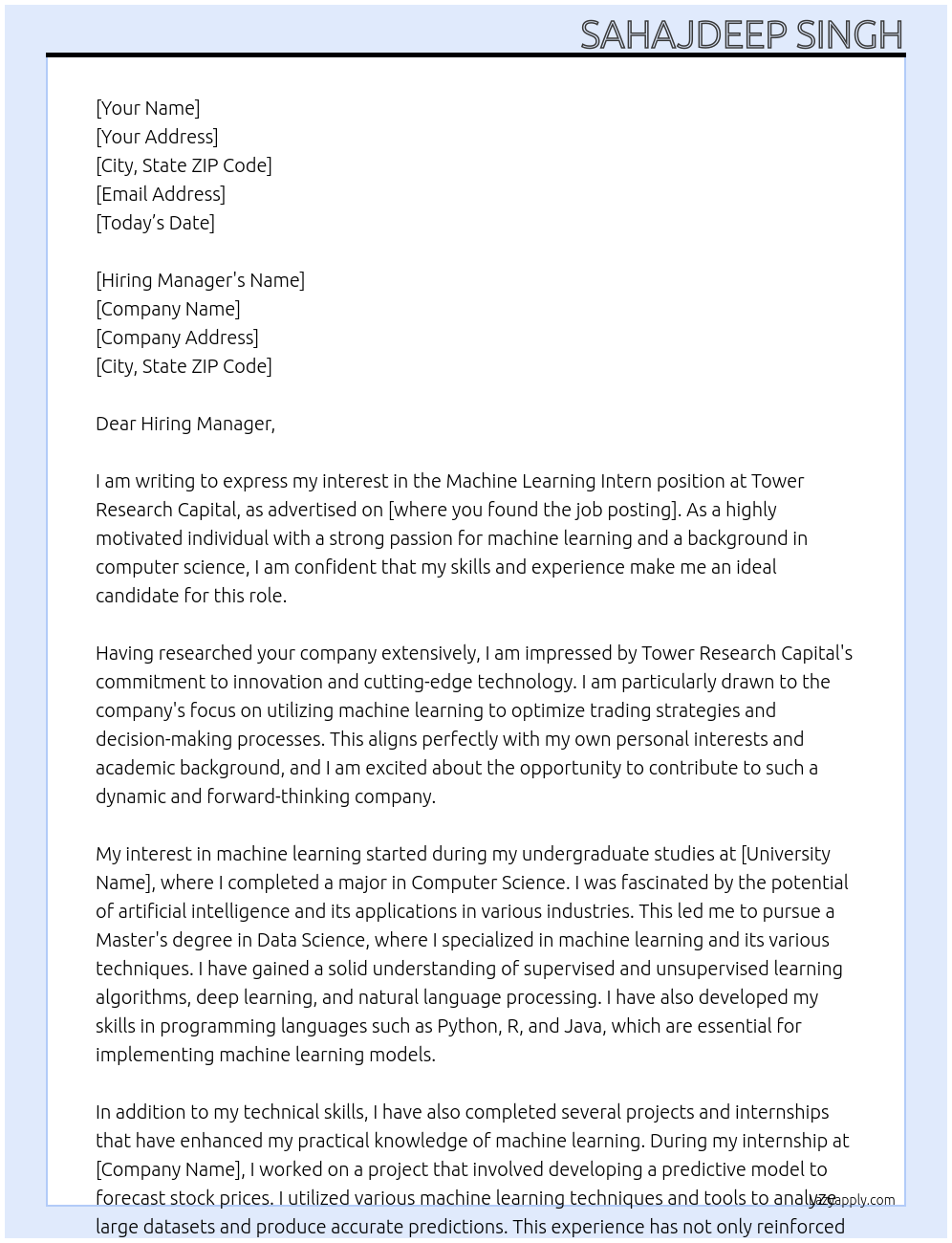 machine learning intern At Tower Research Capital Cover Letter