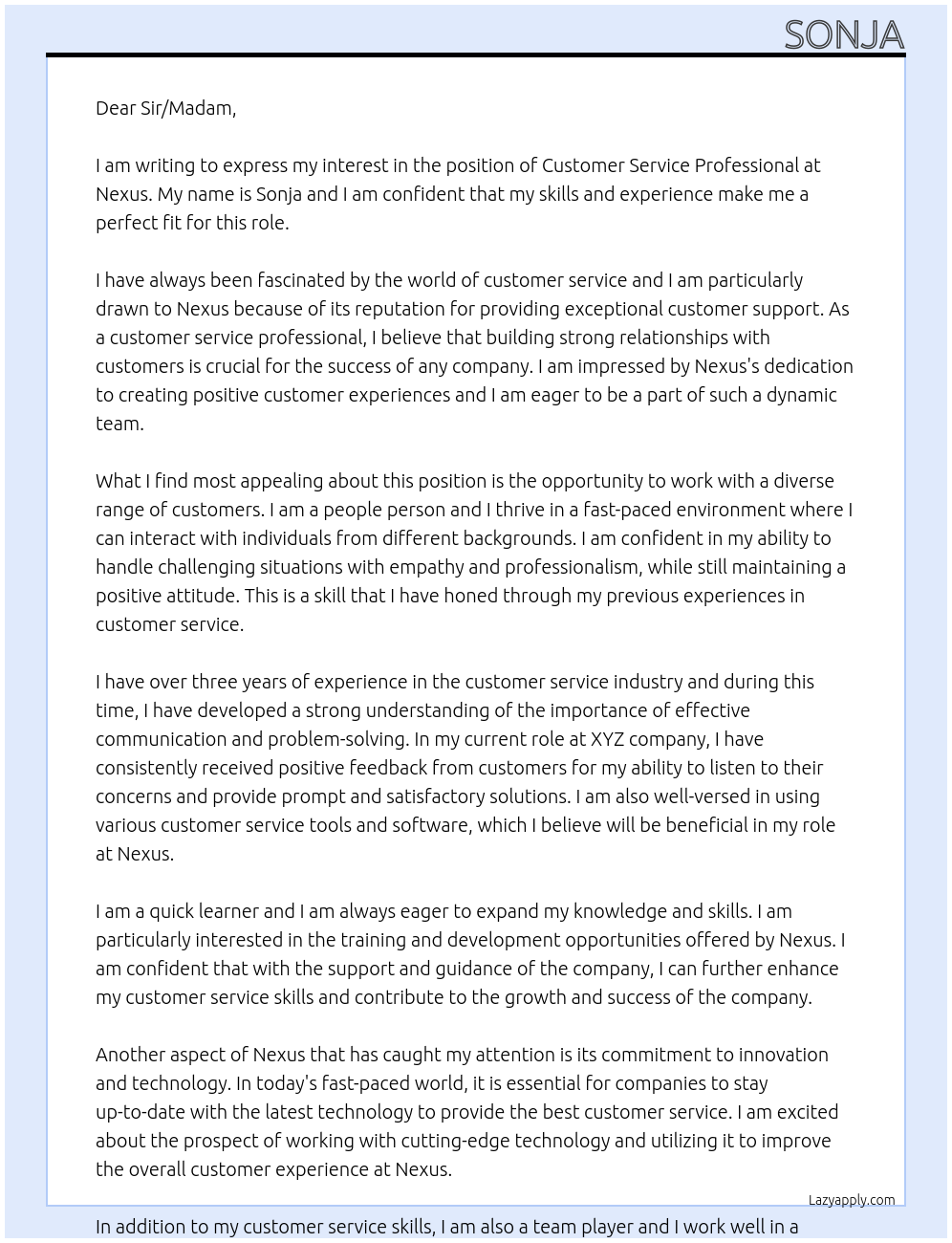 Customer Service Professional At Nexus Cover Letter