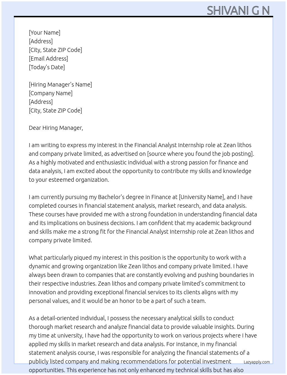 Financial analyst At Zean lithos and company private limited Cover Letter