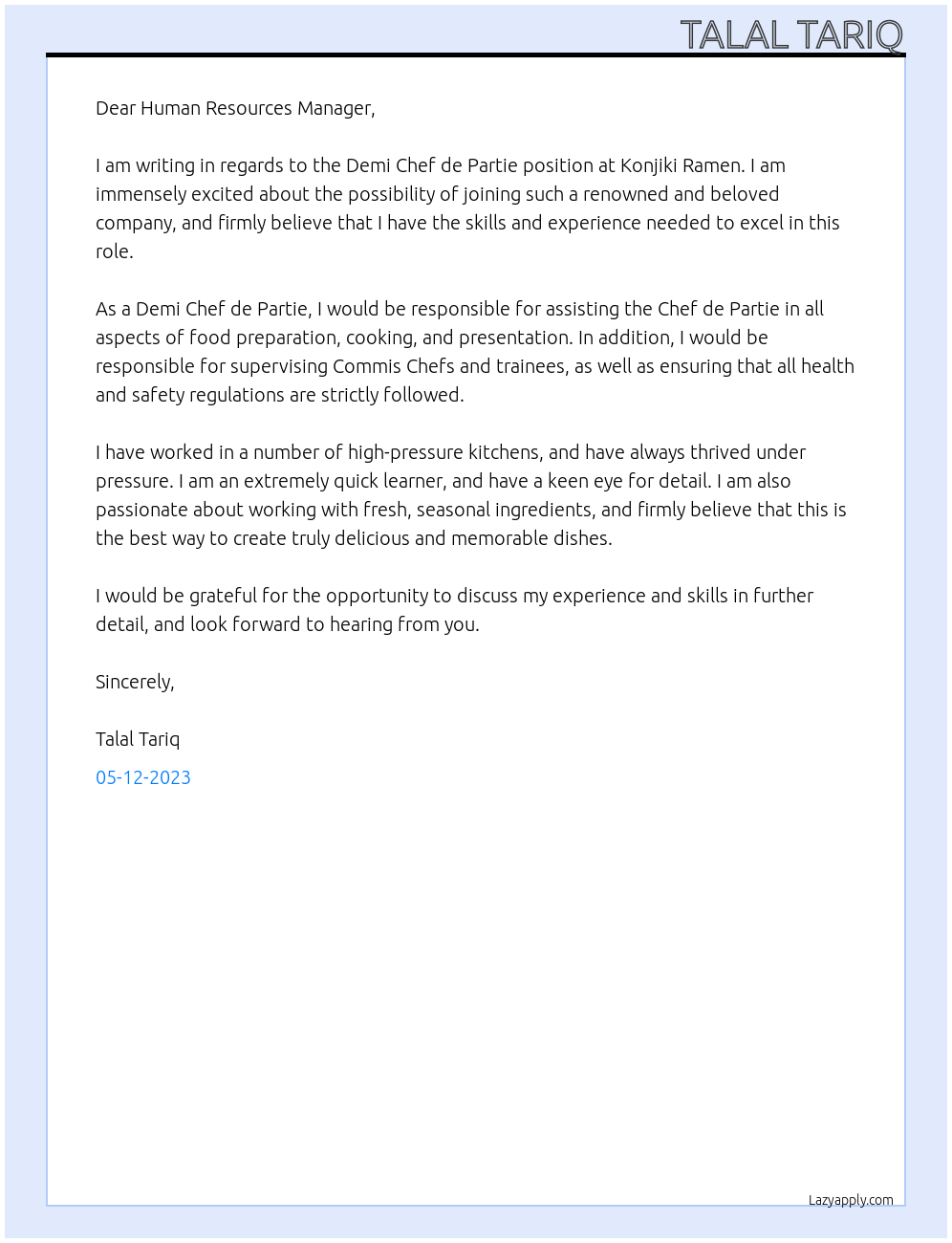 Demi Chef de Partie At Konjiki Ramen Cover Letter