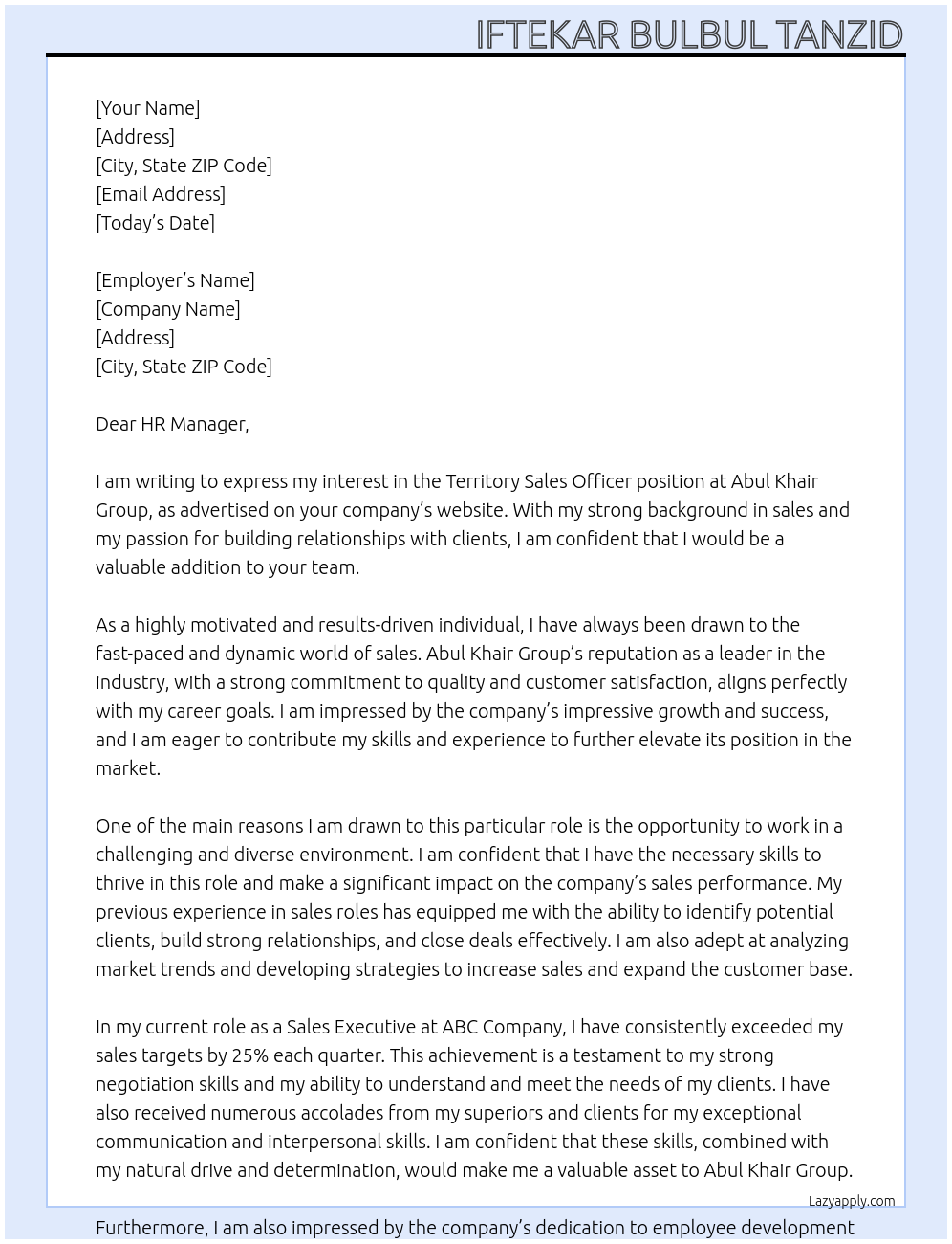 Territory sales officer At Abul Khair Group Cover Letter