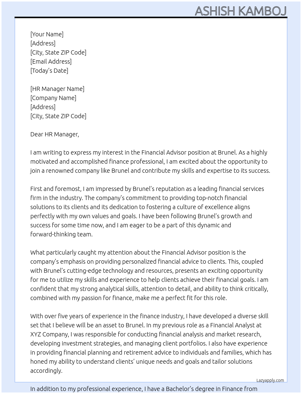 Financial Advisor At Brunel Cover Letter