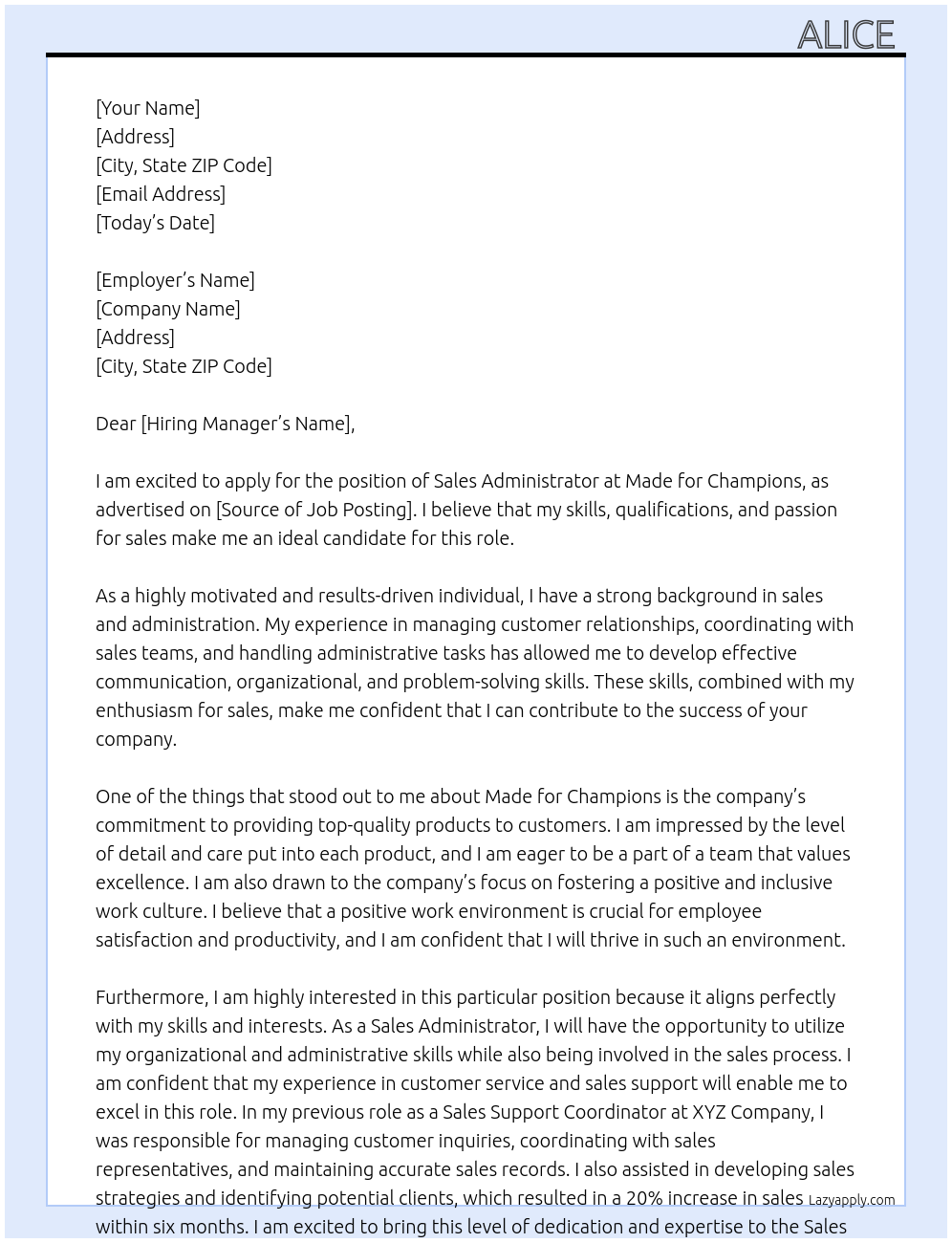 Sales Administrator At Made for champions Cover Letter