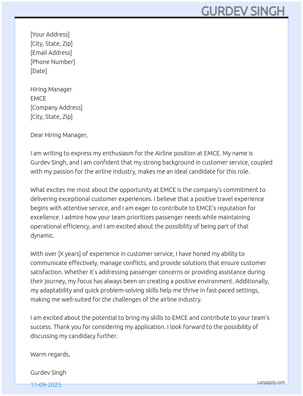 Airline At EMCE  Cover Letter