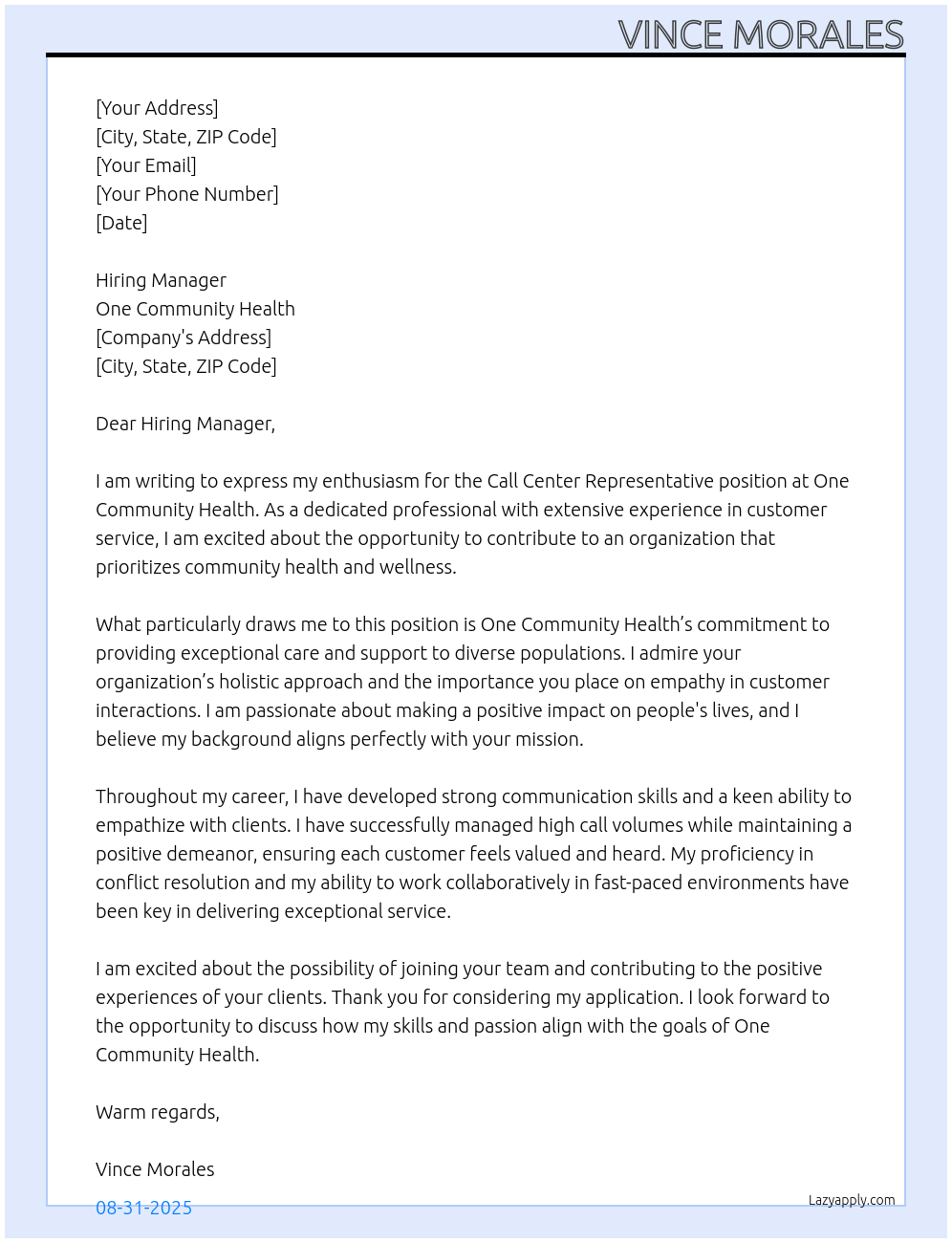 Cover letter for call center representative - LazyApply
