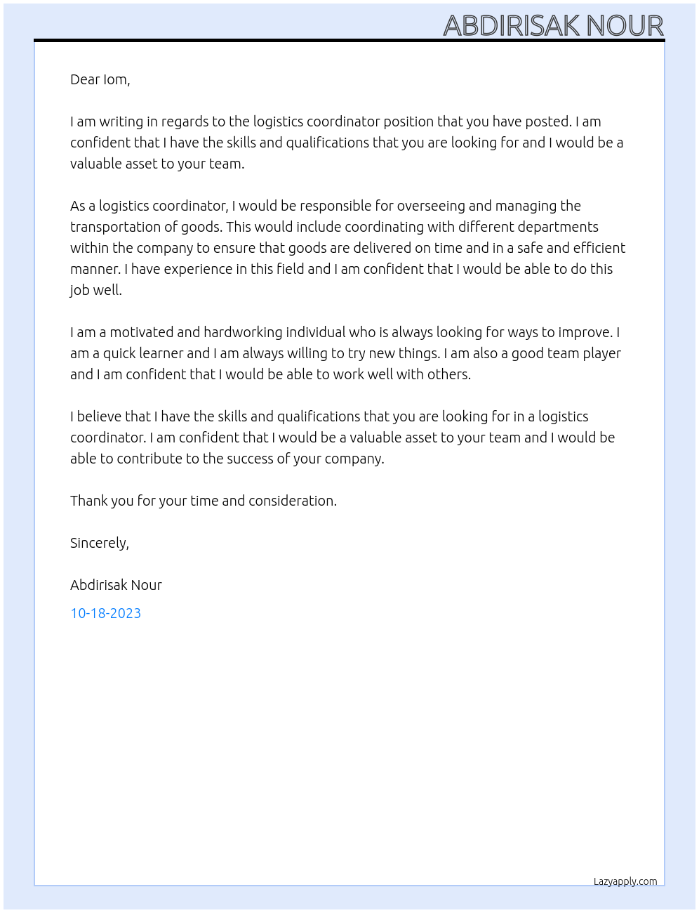 logistics coordinator At Iom Cover Letter