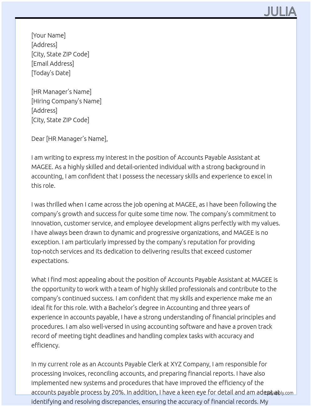Accounts Payable Assistant At MAGEE Cover Letter