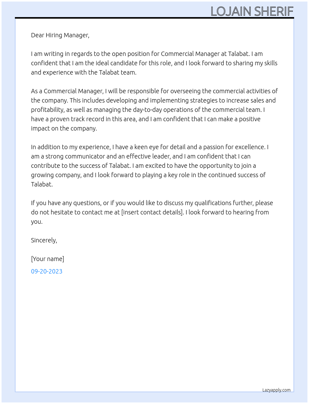 Commercial Manager At Talabat Cover Letter