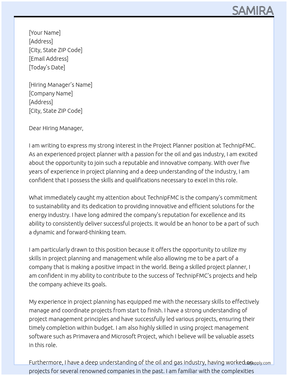 Project planner At TechnipFMC Cover Letter