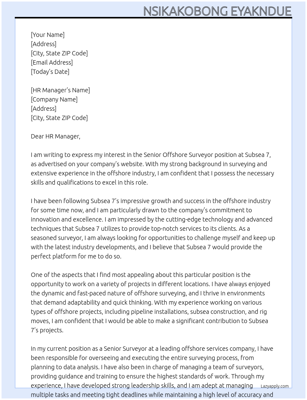 senior Offshore surveyor At Subsea 7 Cover Letter