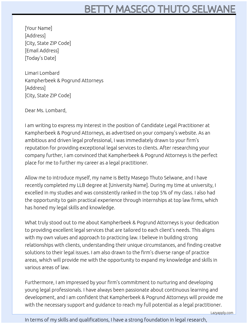 Candidate Legal Practitioner At Kampherbeek & Pogrund Attorneys Cover Letter