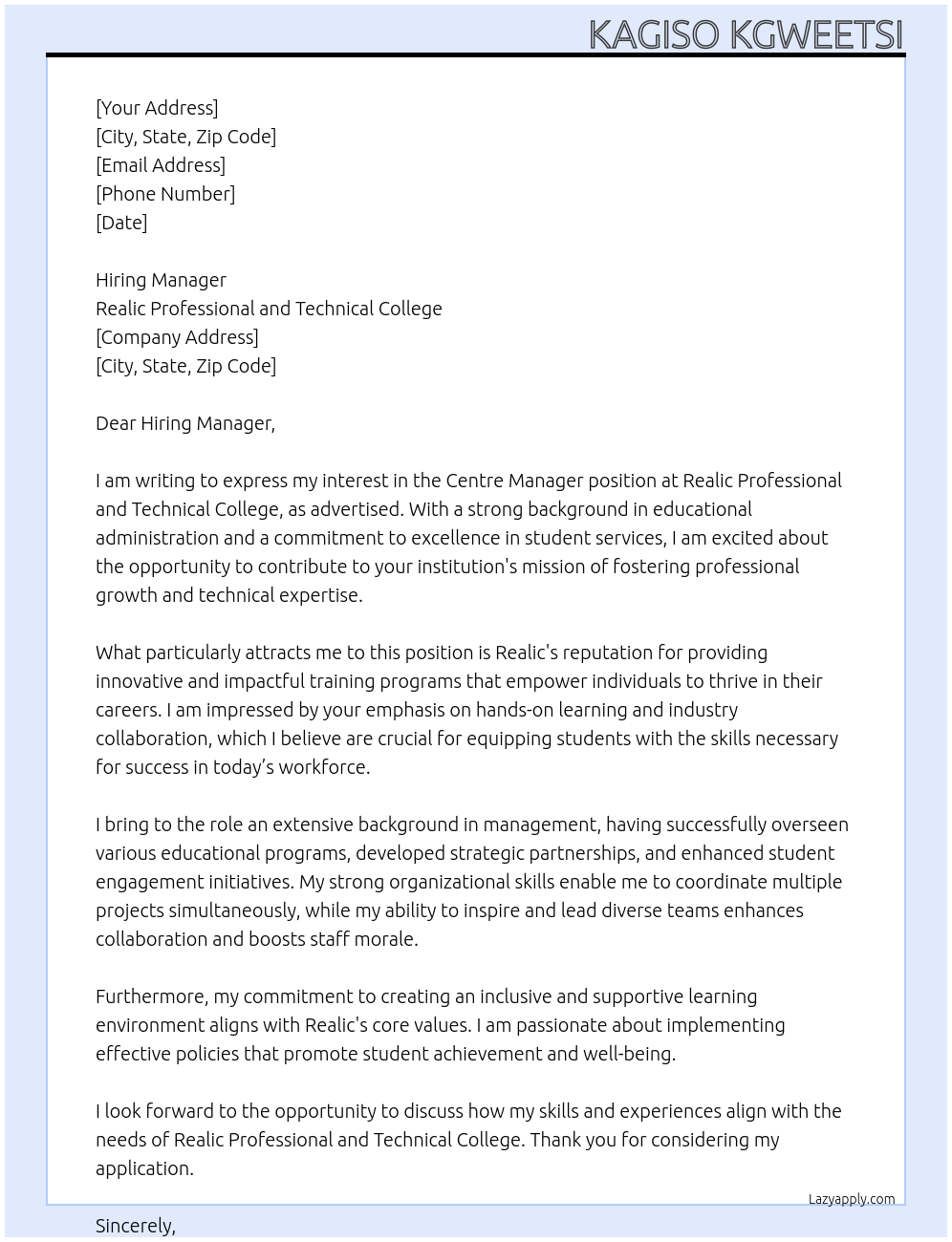 Centre Manager At Realic Proffessional and Technical College Cover Letter