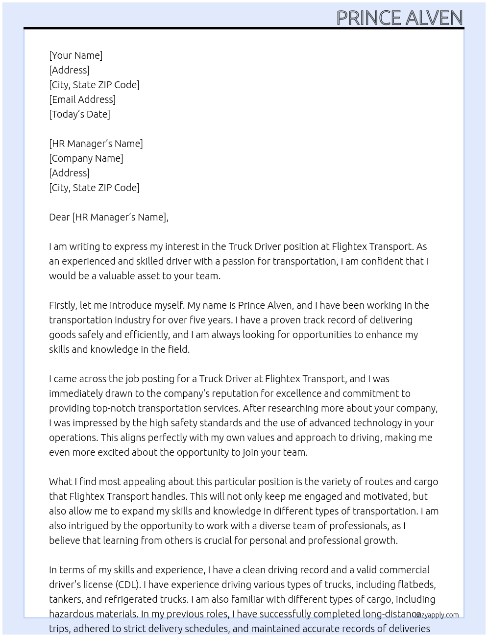 Truck Driver At Flightex transport Cover Letter