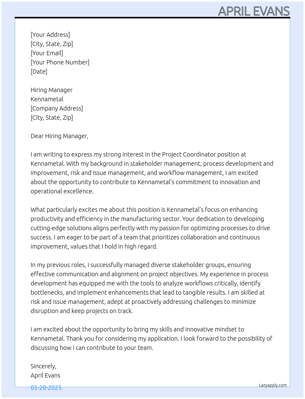 Project Coordinator At Kennametal Cover Letter