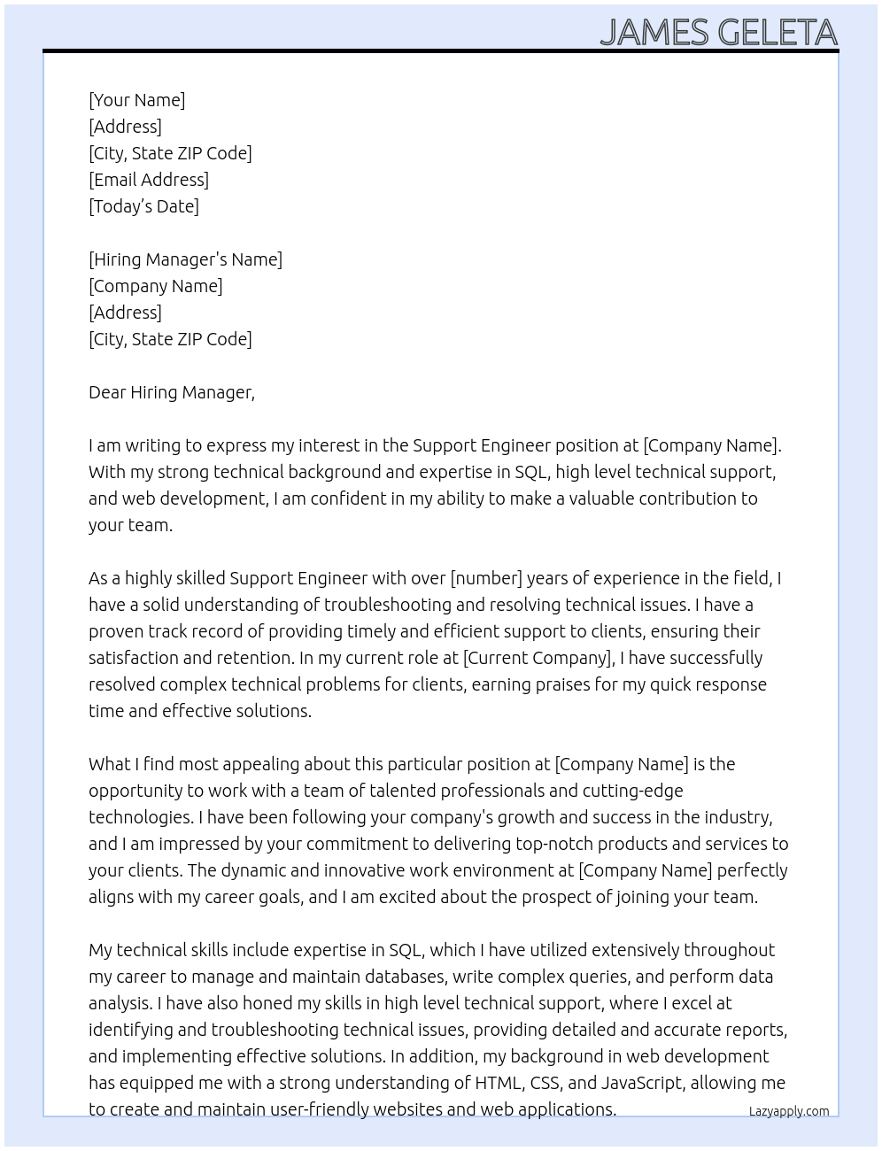 Support Engineer At Company Cover Letter