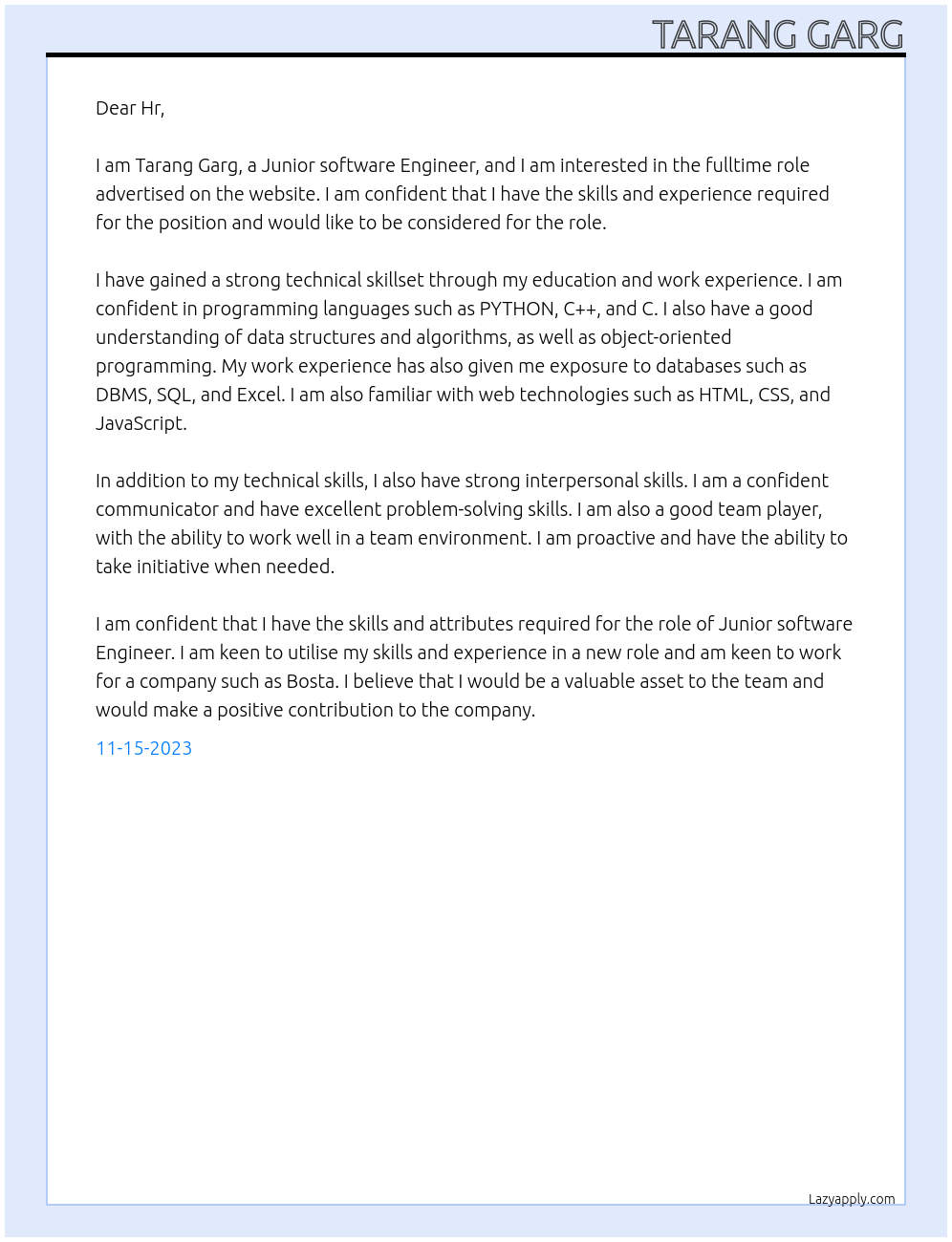 Junior software Engineer  At Bosta Cover Letter