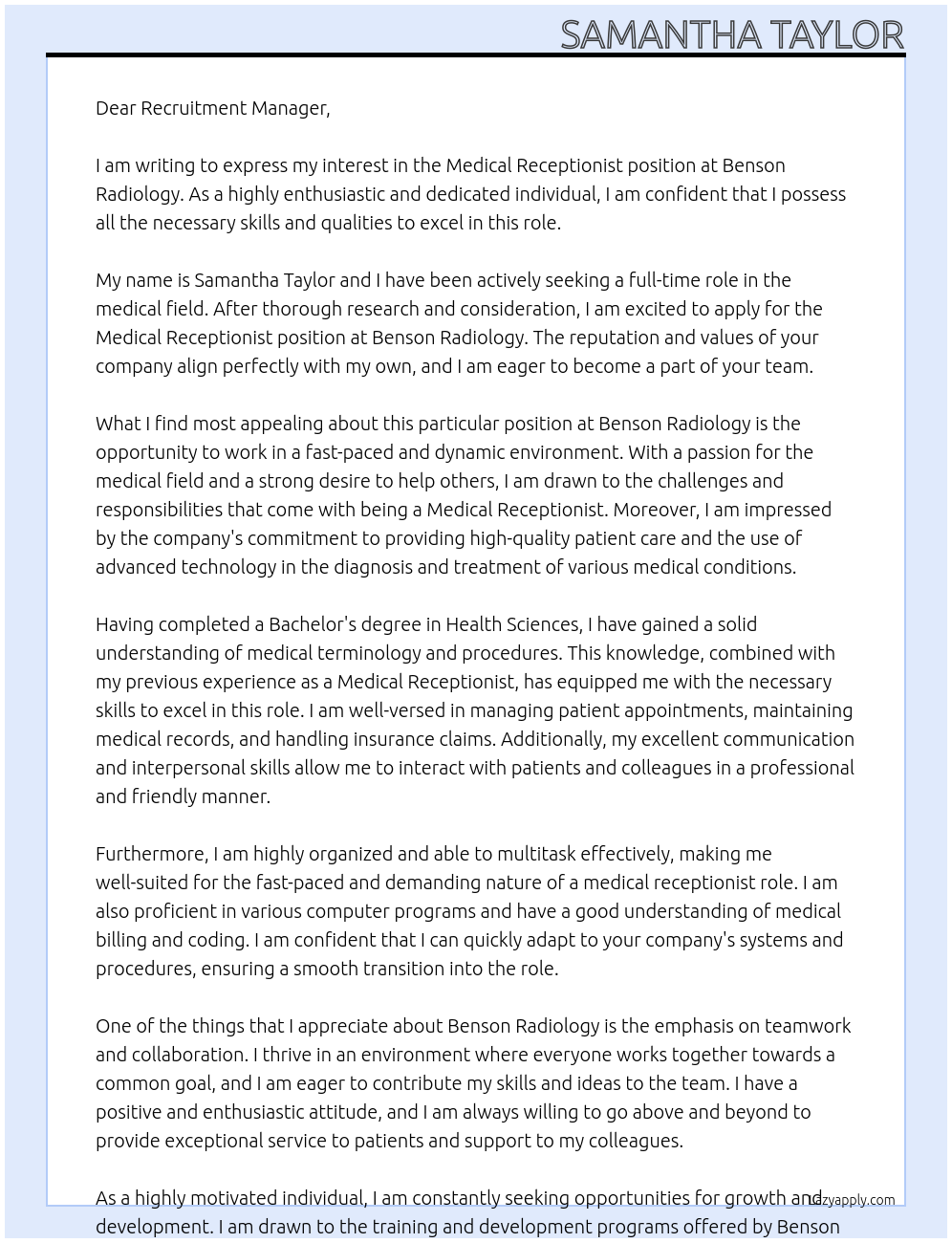 Medical Receptionist At Benson Radiology Cover Letter