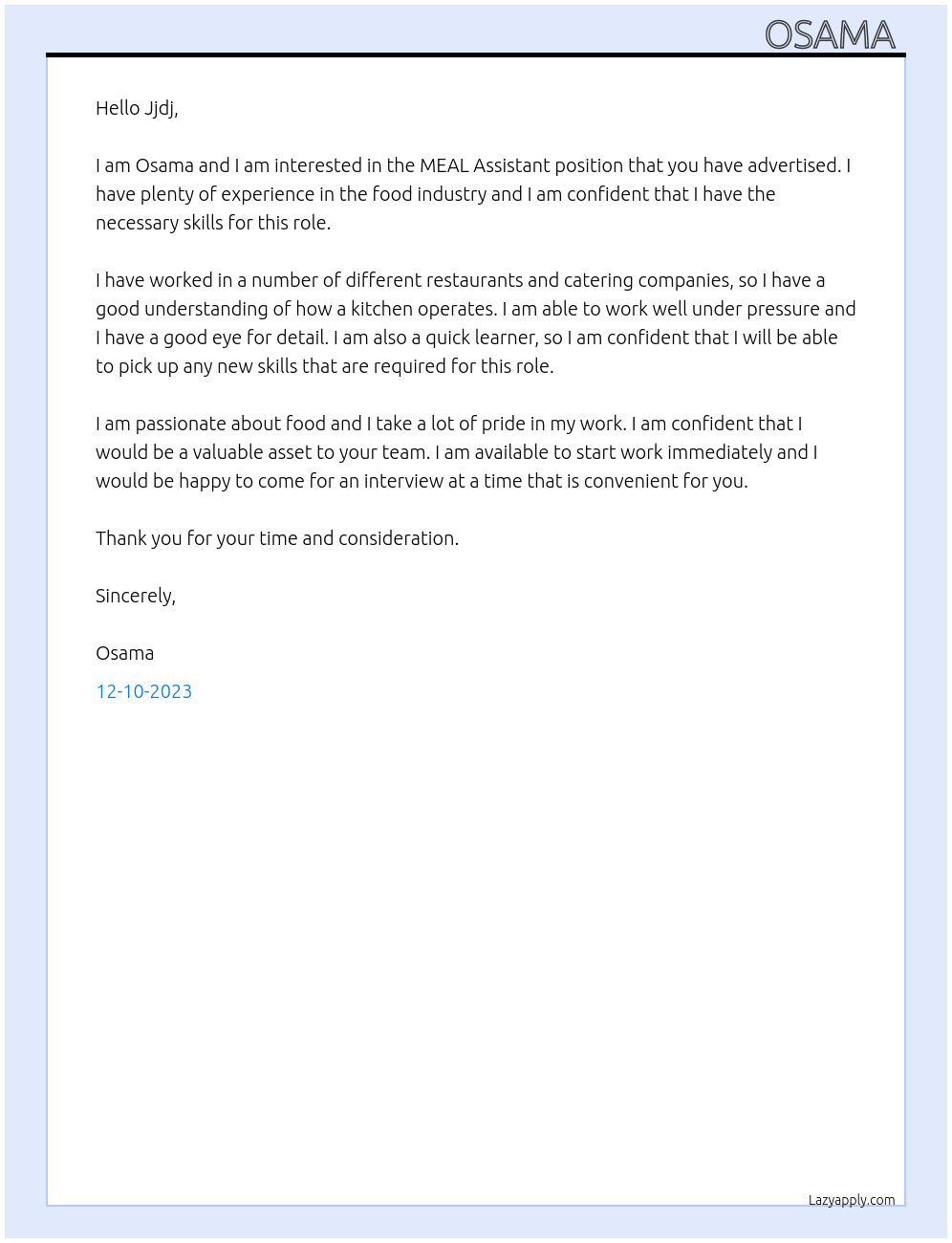 MEAL Assistant At Jjdj Cover Letter