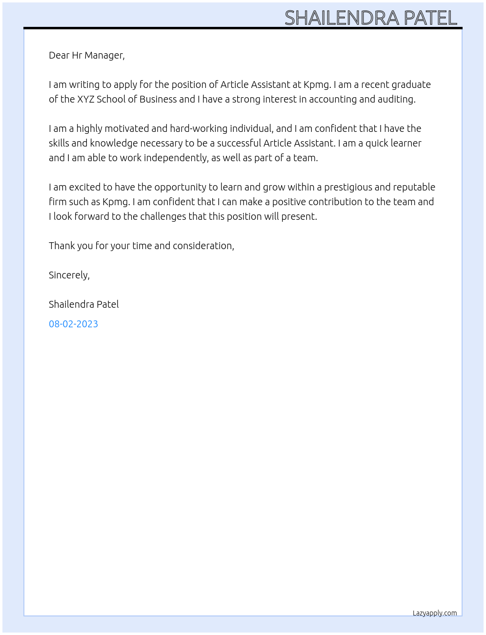 Article Assistant  At Kpmg  Cover Letter