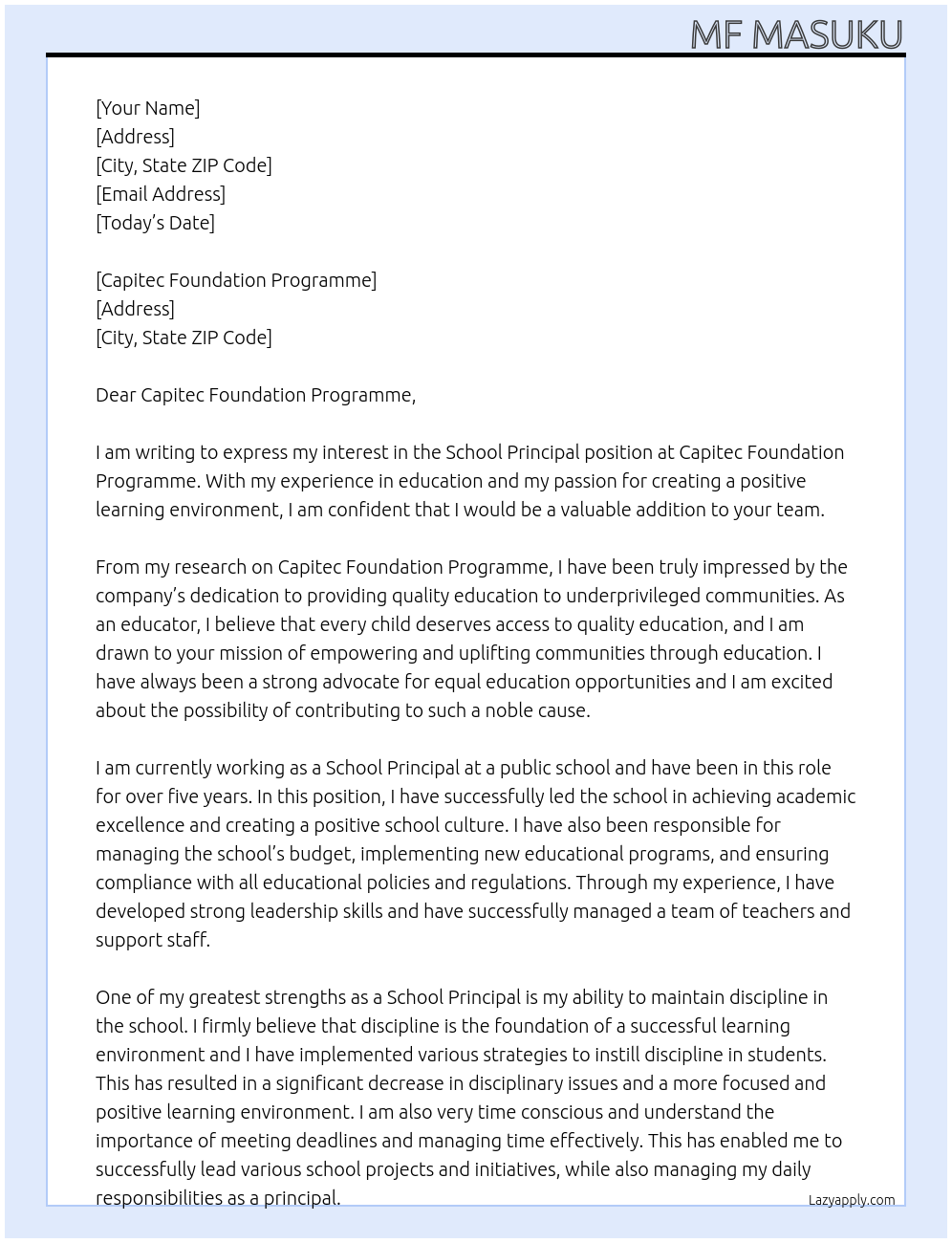 School Principal At Capitec Foundation Programme Cover Letter