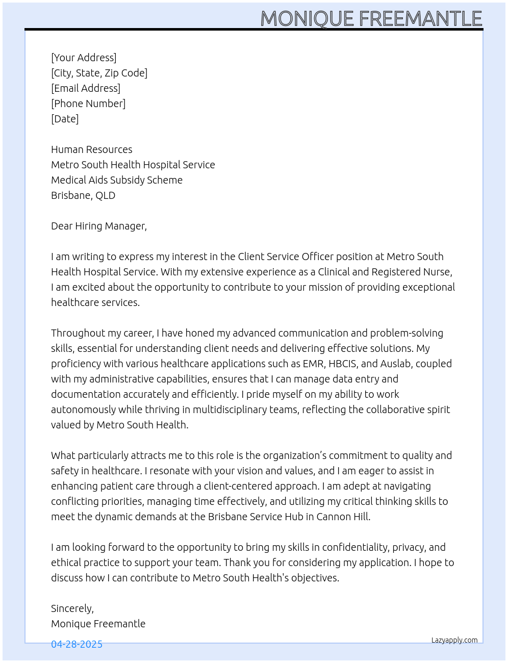 Client Service Officer At Metro South Health Hospital Service- Medical Aids Subsidy Scheme Cover Letter