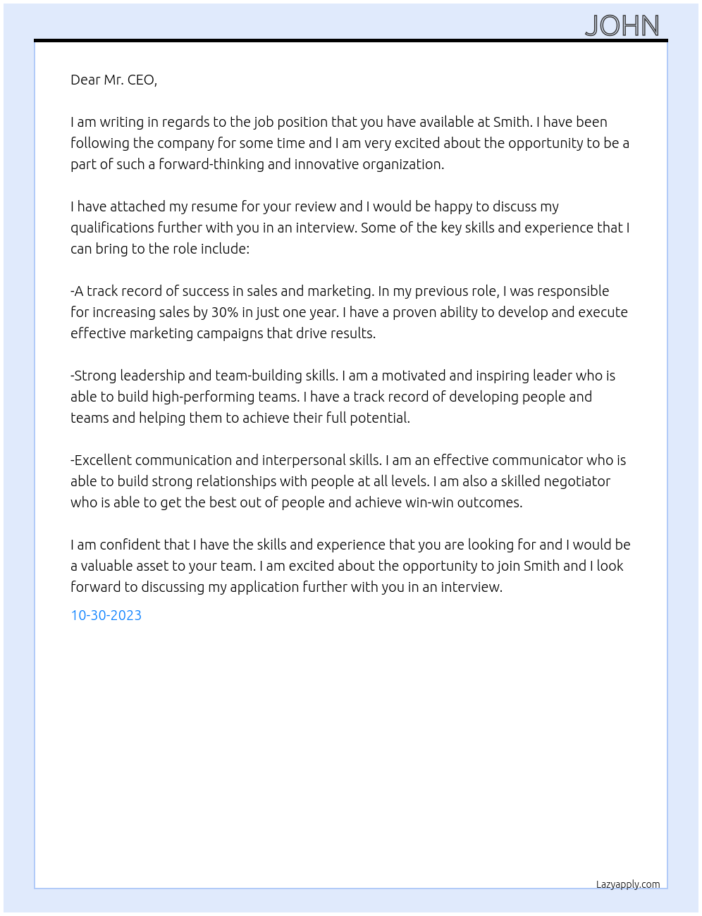 job At Smith Cover Letter