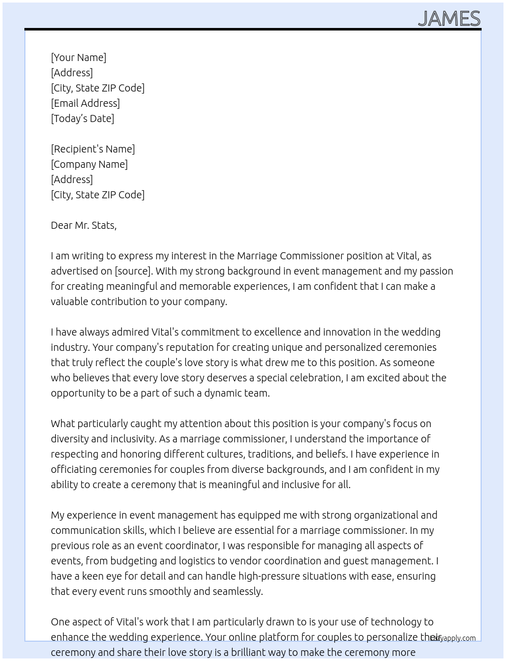 Marriage commissioner At Vital Cover Letter