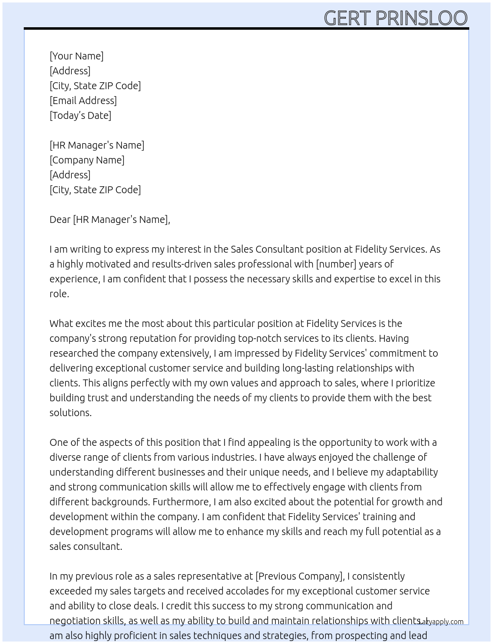 Sales Consultant At Fidelity Services Cover Letter