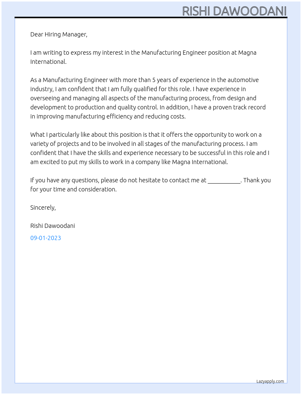 Manufacturing Engineer At Magna International Cover Letter