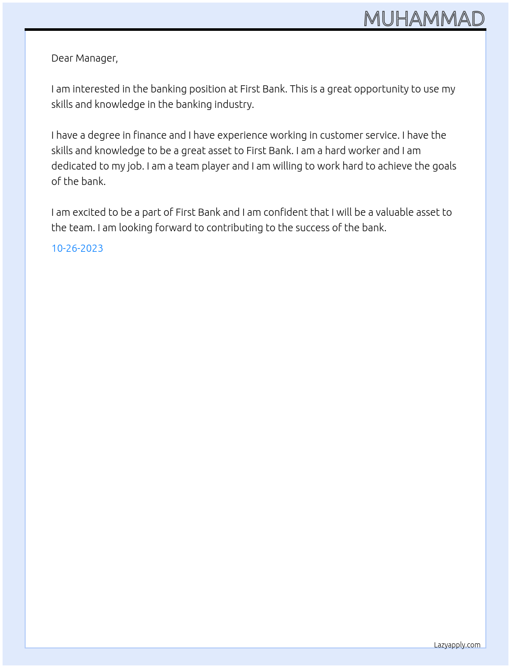 Banking At First bank Cover Letter