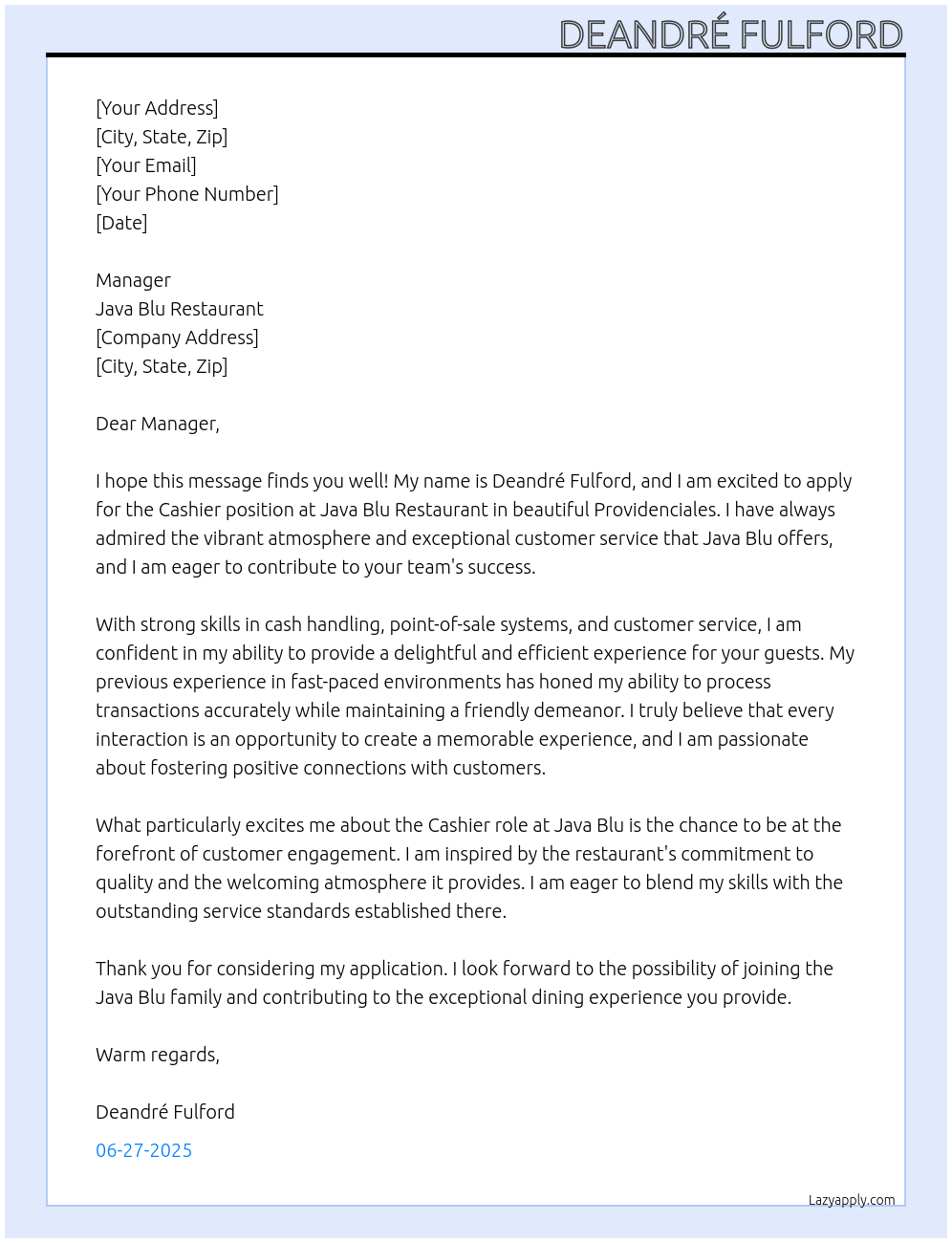 Cashier At Java Blu Restaurant Cover Letter