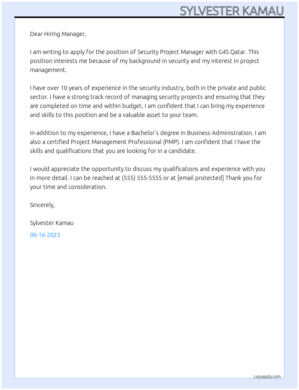 Security Project Manager At G4S Qatar Cover Letter