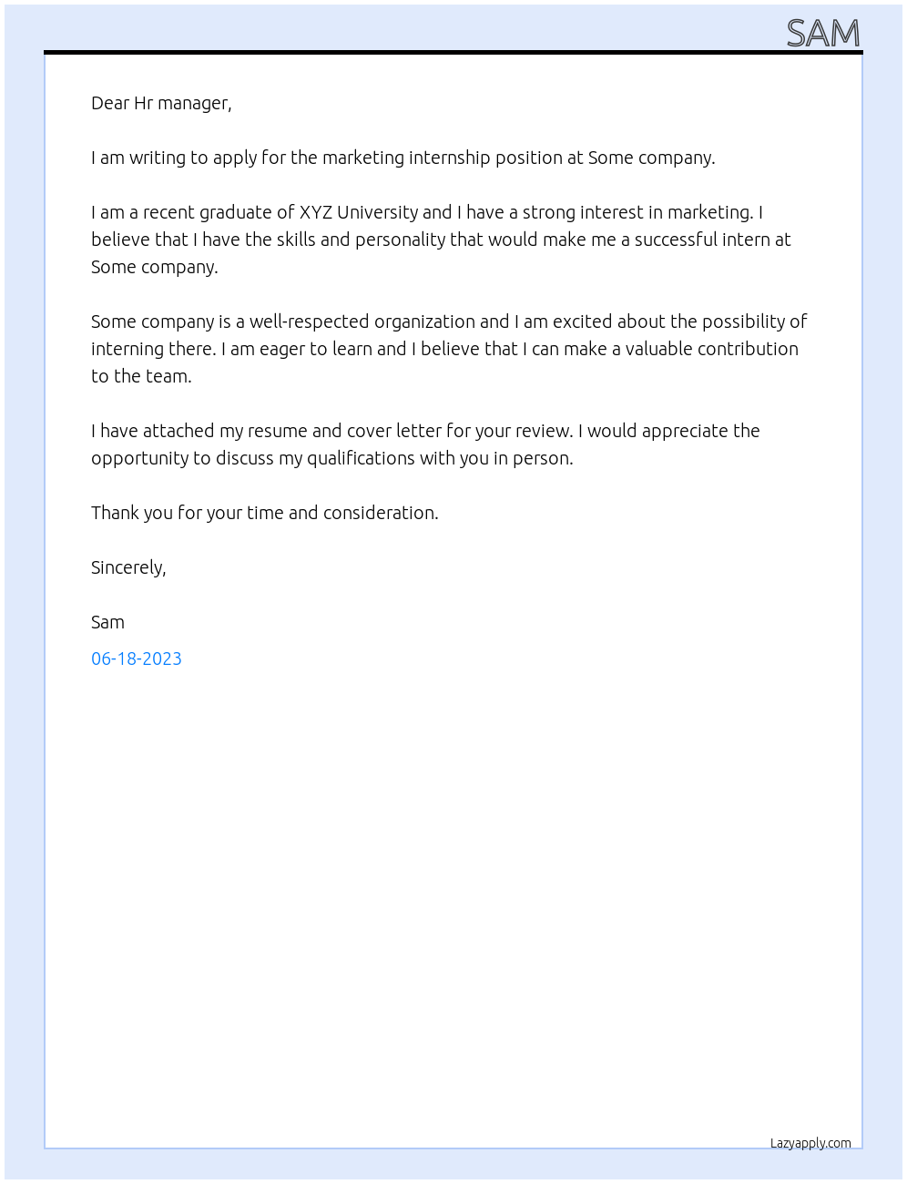 Marketing internship At Some company Cover Letter