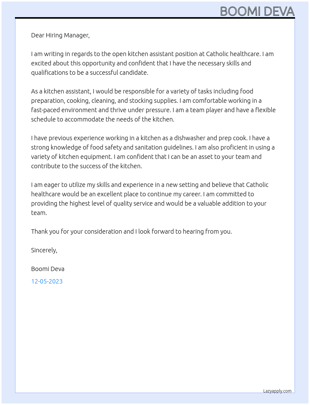 Kitchen assistant At Catholic healthcare Cover Letter