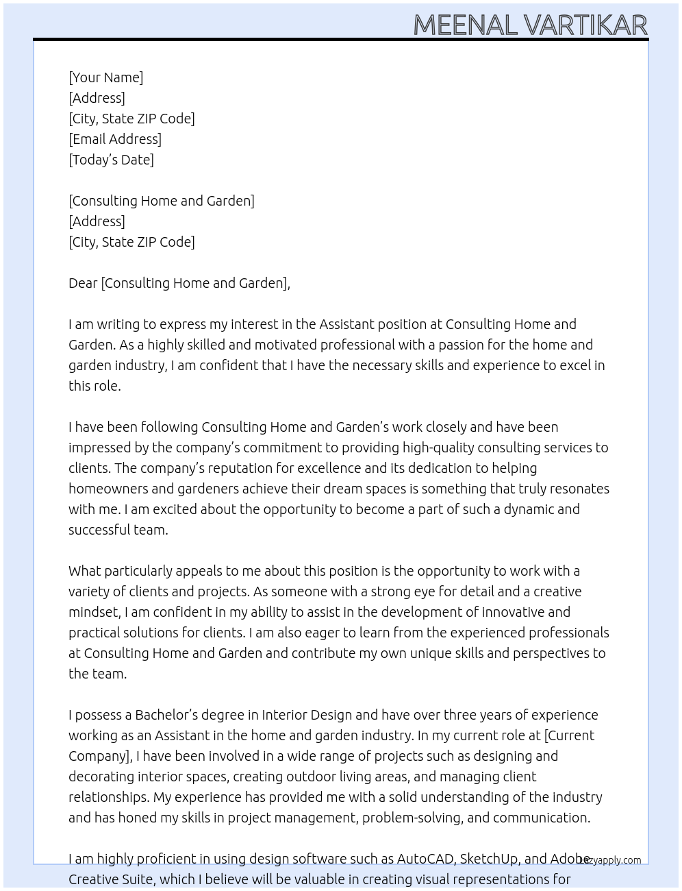 Assistant At Consulting Home and Garden Cover Letter