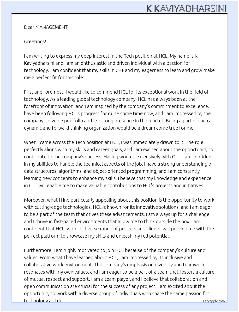 Tech At HCL Cover Letter