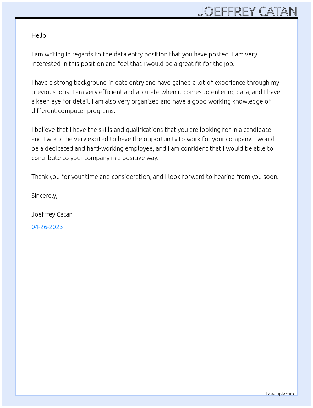data entry At nothing Cover Letter