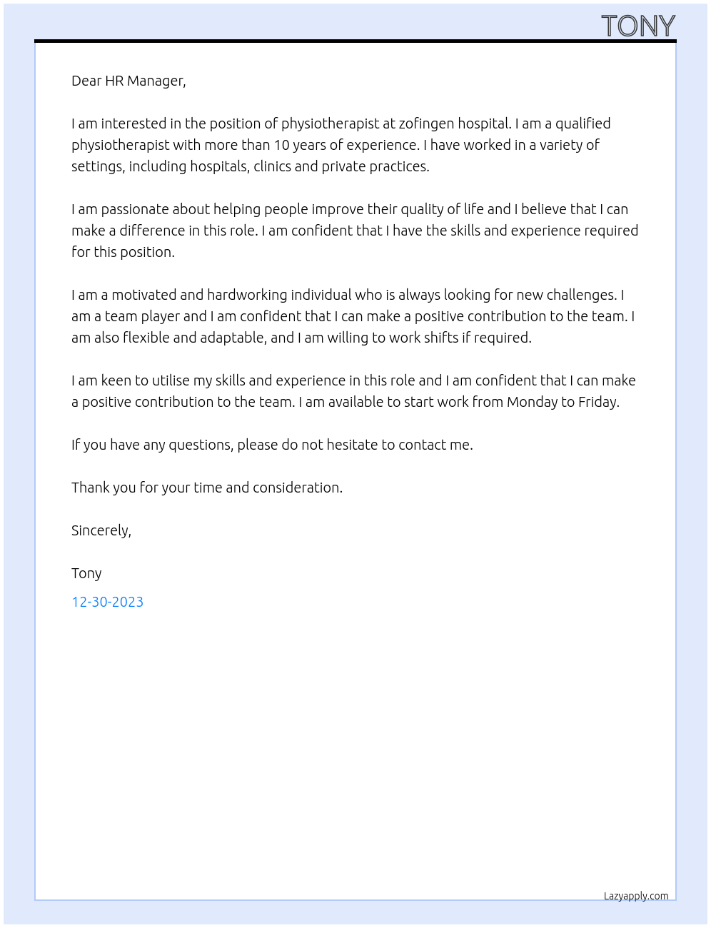 physiotherapist At zofingen hospital Cover Letter