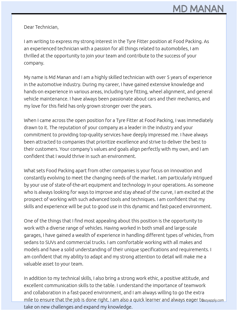 Tyre fitter At Food packing Cover Letter