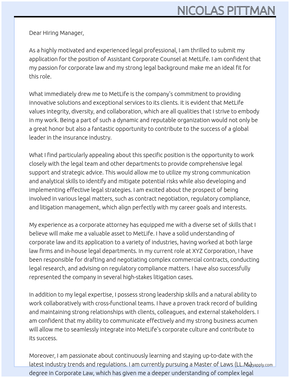 Assistant Corporate Counsel At MetLife Cover Letter