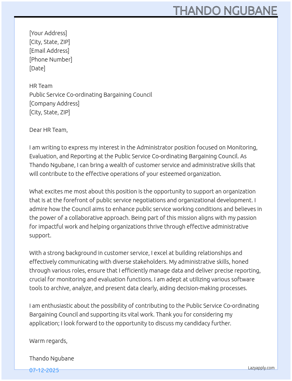 administrator At PUBLIC SERVICE CO-ORDINATING BARGAINING COUNCIL Cover Letter