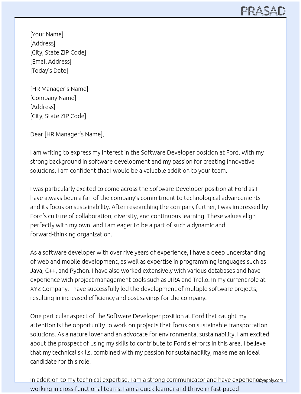 Sample Mail For Software Developer Cover letter for Software devloper - LazyApply