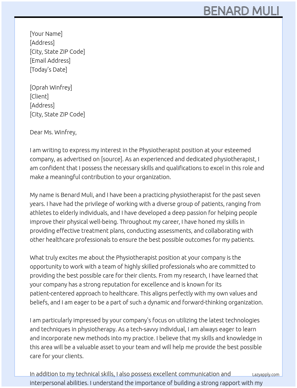 Physiotherapist  At Client Cover Letter